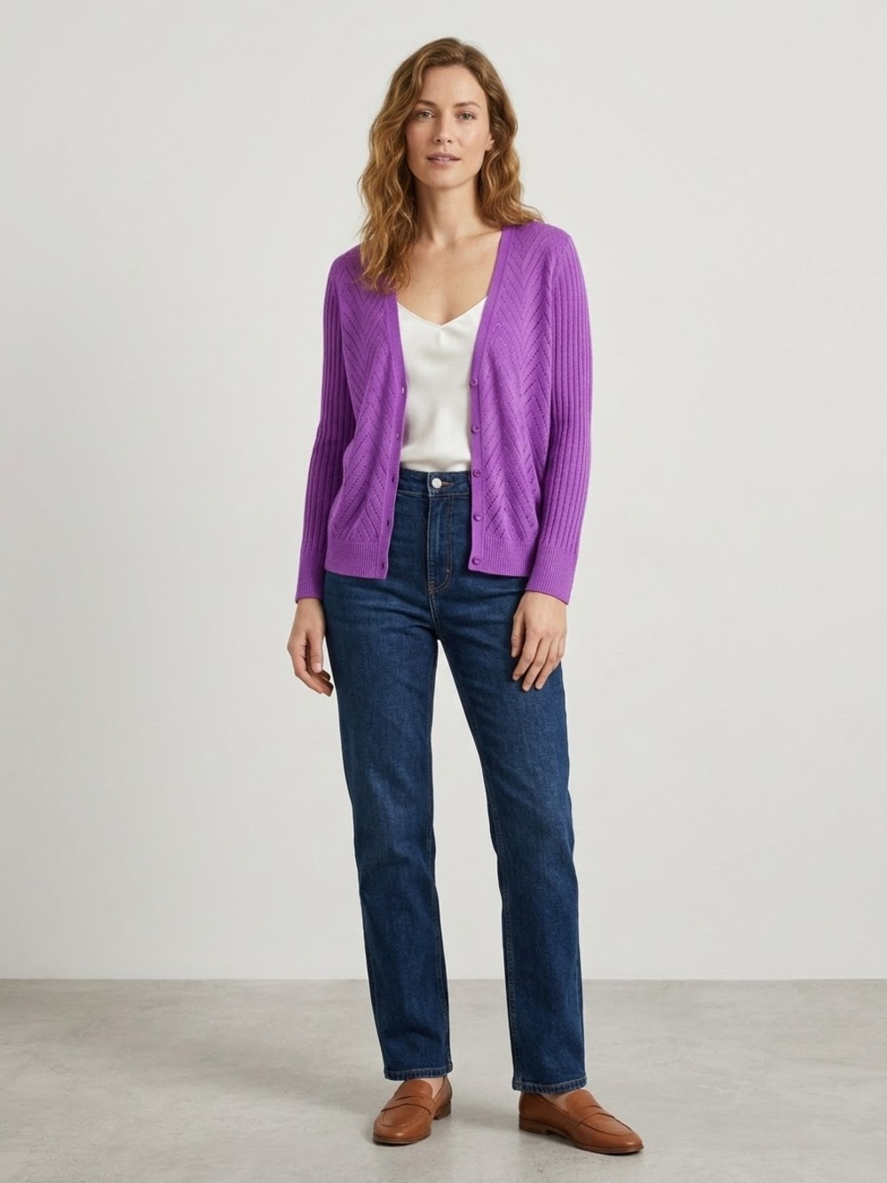 Worthington Women’s XL Purple Pointelle Chevron V-Neck Cardigan Sweater